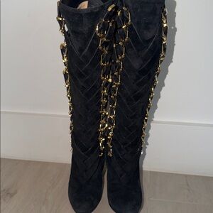 Christian Louboutin Black Suede Over-the-Knee Boots with Gold Buckle Detail